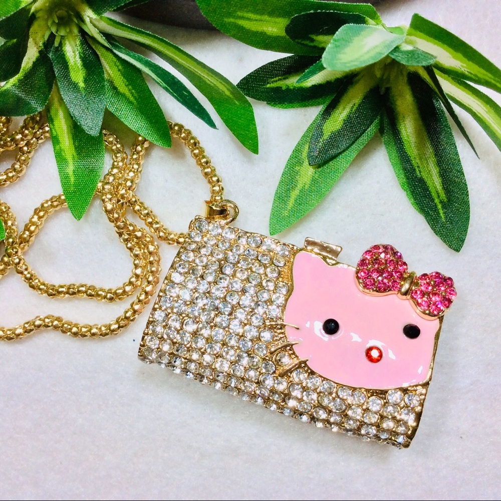 Whimsical Fun Necklace Jeweled & Enameled “Hello Kitty” Pendant on 28”L Chain